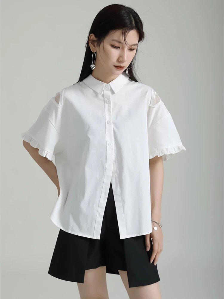 Patchwork Button Shirt For Women Lapel Short Sleeve Loose Chic Casual Blouse Summer Female Fashion Clothing