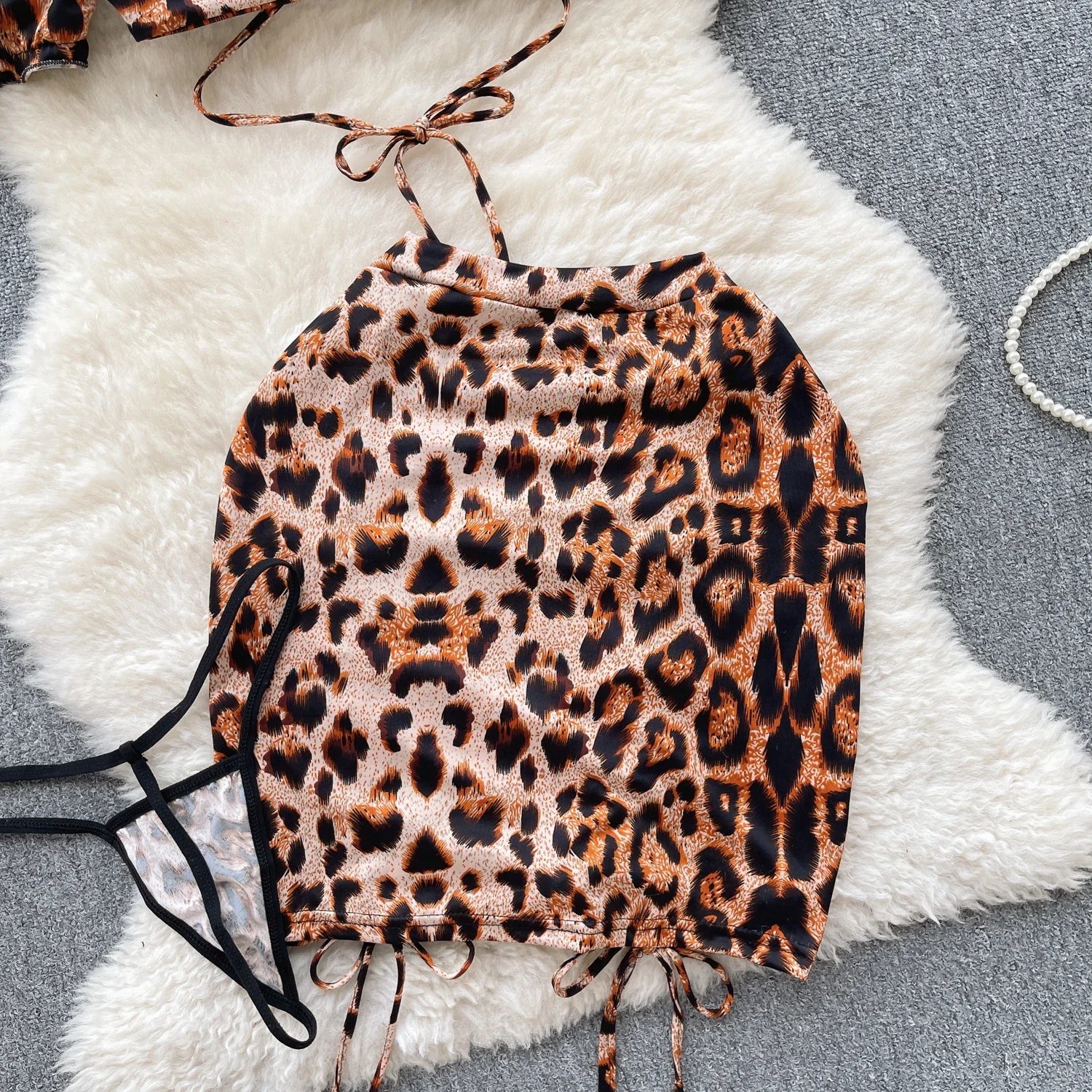 Leopard Print Erotic Three Pieces Sets Women Off the Shoulder Mini Top+Drawstring Short Skirts+Thongs Sexy Night Suits