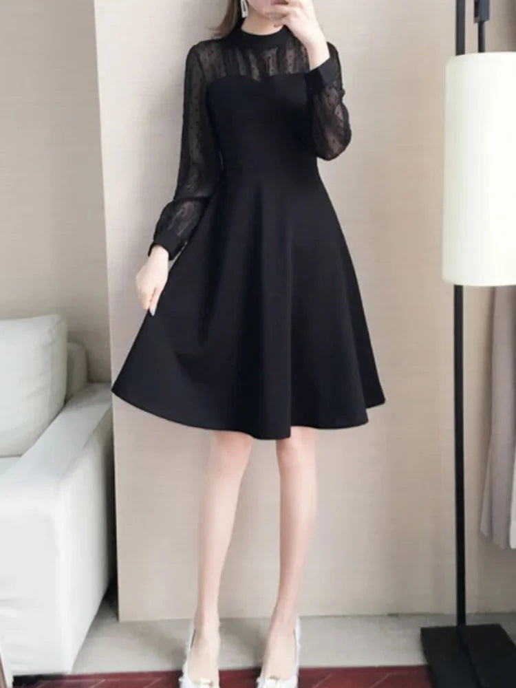 Black Lace Dress Women Vintage Elegant Dot Long Sleeve Mini Short Dresses Evening Party Spring Fashion O-neck