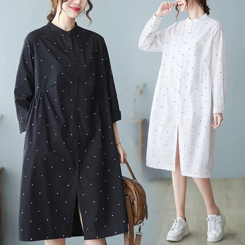 Women Blouses 2022 New Long Sleeve Top Polka Dot Print Casual Fashion Shirts Female Clothes Loose Medium Long White Blouse