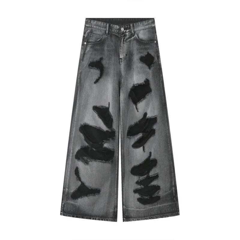 High Street Male Jeans Hole Worn-out Bagger Men's Wide Leg Denim Pants Hip Hop Summer New Fashion Men Clothing 9W194