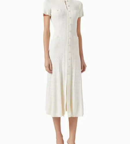 Korean Women's Red Round Neck Short Sleeve Split Knit Dresses Spring Summer Black White Single Breasted Holiday Long Dress 2024