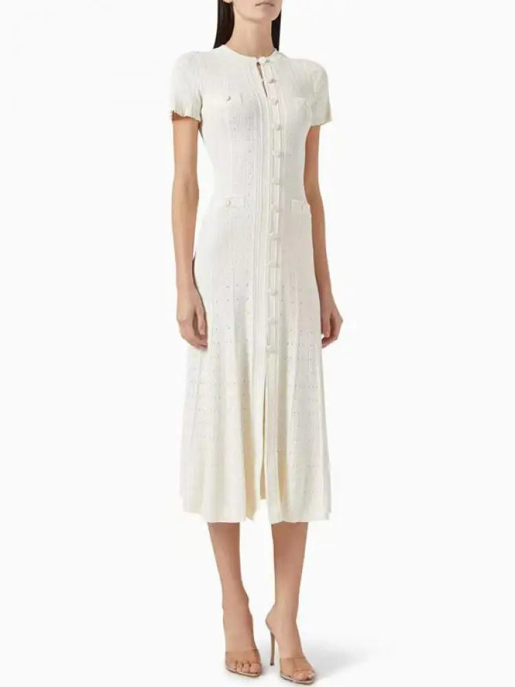 Korean Women's Red Round Neck Short Sleeve Split Knit Dresses Spring Summer Black White Single Breasted Holiday Long Dress 2024