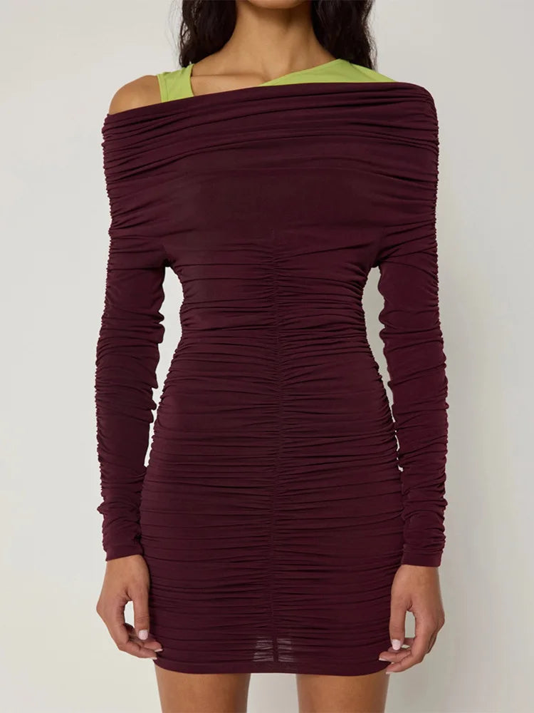 Elegant Long Sleeved Pleated Elastic Tight Dress Women 2025 New Autumn/Winter Short Skirt Sexy Slim Party Club Vestido