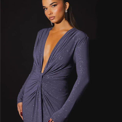 Load image into Gallery viewer, Glitter Deep V Neck Sexy Maxi Dress For Women Elegant Sparkle Long Sleeve Ruched Bodycon Split Club Party Sexy Dress
