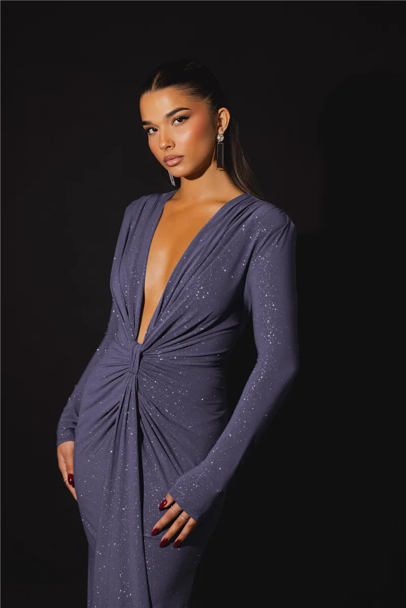 Glitter Deep V Neck Sexy Maxi Dress For Women Elegant Sparkle Long Sleeve Ruched Bodycon Split Club Party Sexy Dress