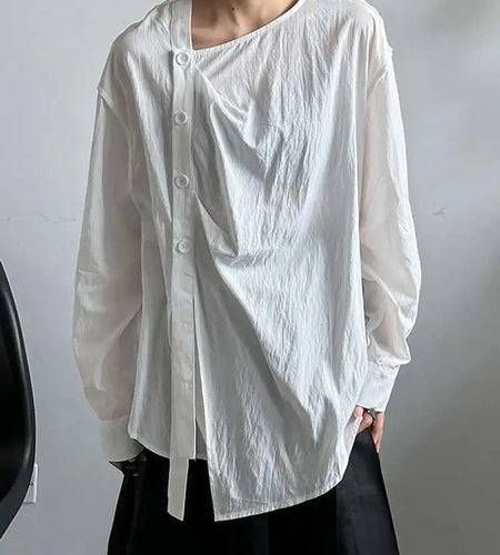 Women Balck Irregular Button Pleated Big Size Thin Blouse New V-neck Long Sleeve Shirt Fashion Spring Autumn 2025 1DJ0300