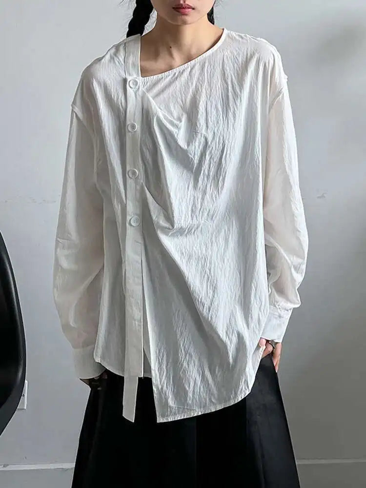 Women Balck Irregular Button Pleated Big Size Thin Blouse New V-neck Long Sleeve Shirt Fashion Spring Autumn 2025 1DJ0300