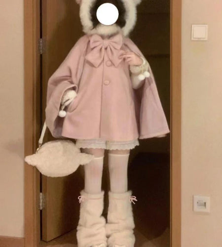 Japanese Lolita Sweet Bears Ears Hooded Cloak Jackets Women Y2k Aesthetic Single Breasted Coats Harajuku Kawaii Solid Bow Jacket
