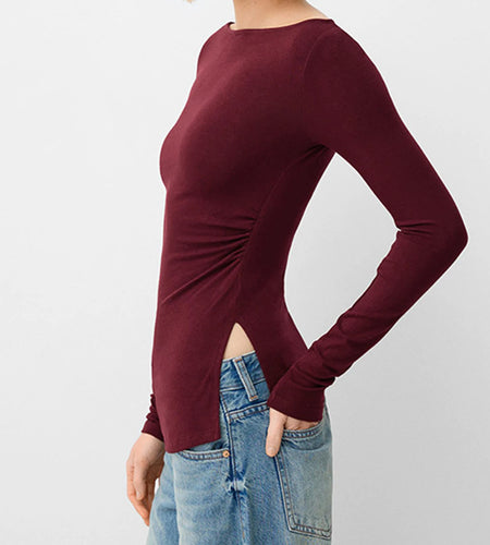 Sexy Crop Tops y2k Women Aesthetic Clothing Solid Color Long Sleeve Slit Hem T Shirts Fall Spring Clothes Streetwear