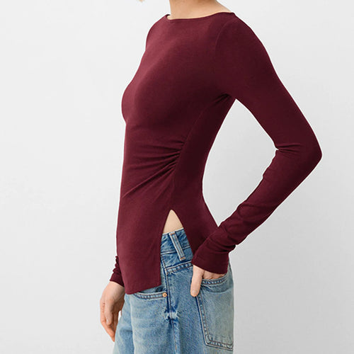 Load image into Gallery viewer, Sexy Crop Tops y2k Women Aesthetic Clothing Solid Color Long Sleeve Slit Hem T Shirts Fall Spring Clothes Streetwear
