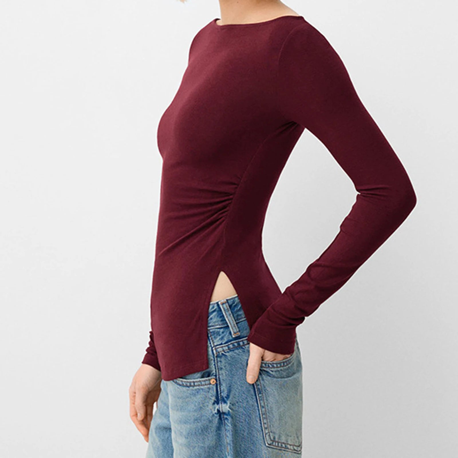 Sexy Crop Tops y2k Women Aesthetic Clothing Solid Color Long Sleeve Slit Hem T Shirts Fall Spring Clothes Streetwear