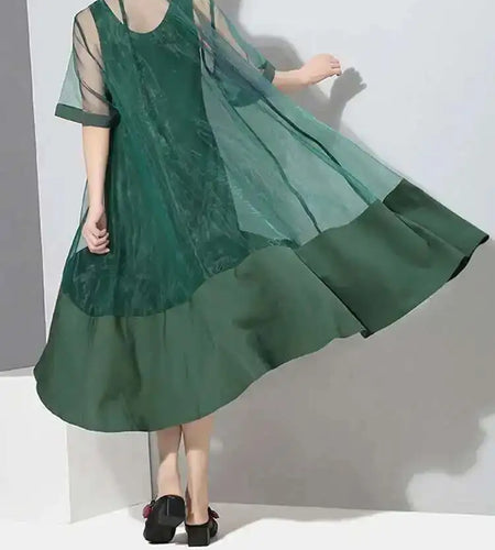 Women Green Organza Irregular Shirt Dress New Stand Collar Half Sleeve Loose Fit Fashion Tide Spring Summer 2025 JT581