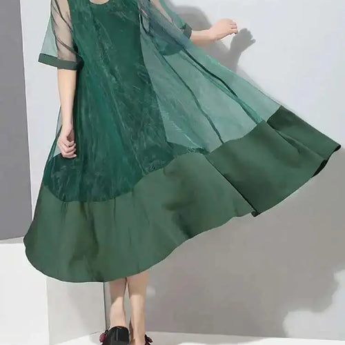 Load image into Gallery viewer, Women Green Organza Irregular Shirt Dress New Stand Collar Half Sleeve Loose Fit Fashion Tide Spring Summer 2025 JT581
