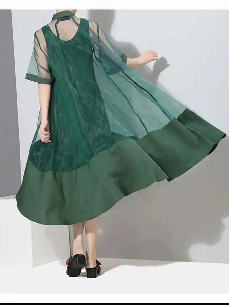 Women Green Organza Irregular Shirt Dress New Stand Collar Half Sleeve Loose Fit Fashion Tide Spring Summer 2025 JT581