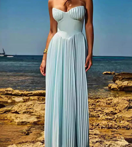 Solid Spliced Folds Slimming Dresses For Women Strapless Sleeveless High Waist Temperament Long Dress Female New