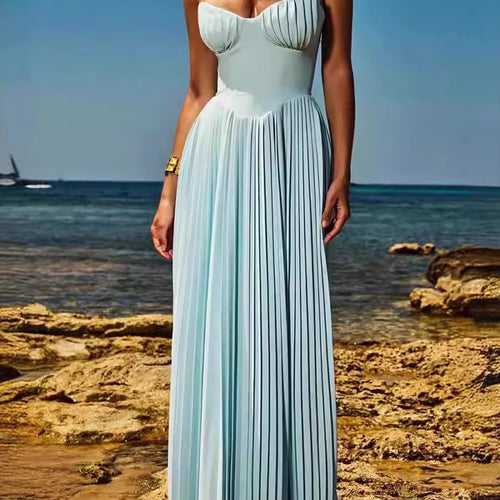 Load image into Gallery viewer, Solid Spliced Folds Slimming Dresses For Women Strapless Sleeveless High Waist Temperament Long Dress Female New
