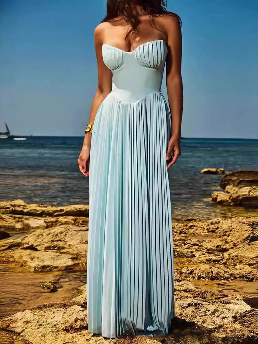 Solid Spliced Folds Slimming Dresses For Women Strapless Sleeveless High Waist Temperament Long Dress Female New