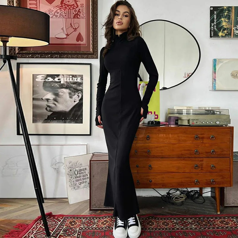 Elegant Turtleneck Long Sleeve Bodycon Long Dress For Women Autumn Winter New Ribbed Zipper Long Dress Fashion Clothes