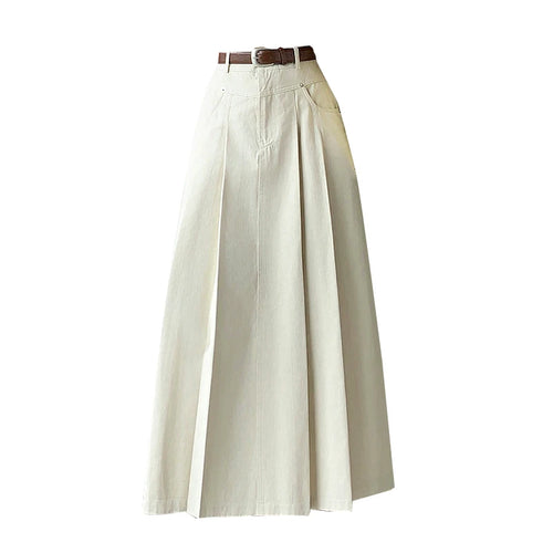 Load image into Gallery viewer, Black Beige Denim Long Skirt For Women 2024 Spring Summer New Brown High Waist Pleated A-line Umbrella Jean Skirts Office Lady
