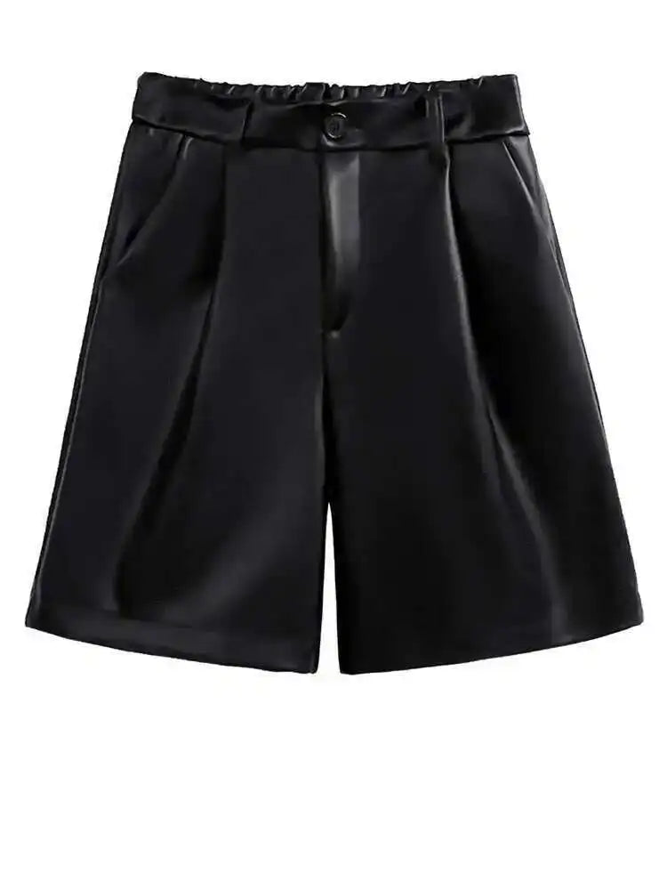 Women Black Pu Leather Shaped Elegant Wide Leg Shorts New High Waist Trousers Fashion Tide Spring Summer 2025 1DH7655