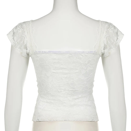 Load image into Gallery viewer, y2k Vintage Fashion White Lace T-shirts for Women Transparent Sexy Bow Sweet Kawaii French Korean Cropped Tops Party
