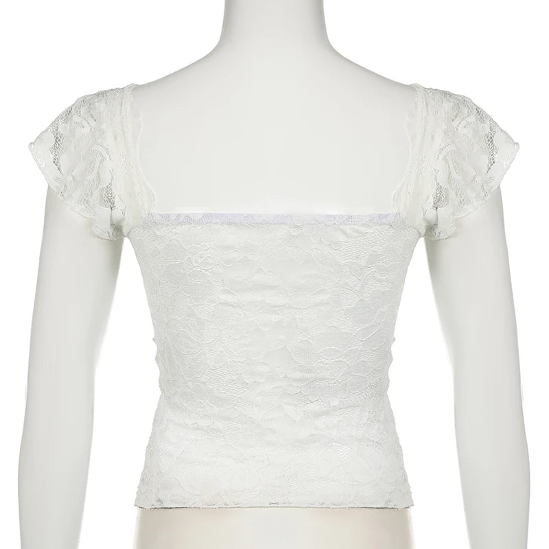 y2k Vintage Fashion White Lace T-shirts for Women Transparent Sexy Bow Sweet Kawaii French Korean Cropped Tops Party