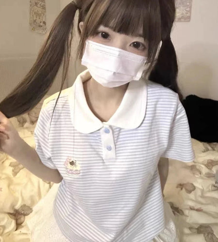 2024 Ropa Mujer Summer T Shirt Women Preppy Style Fashion Striped Tees Y2k Tops Turndown Collar Short Sleeve Casual T-shirts