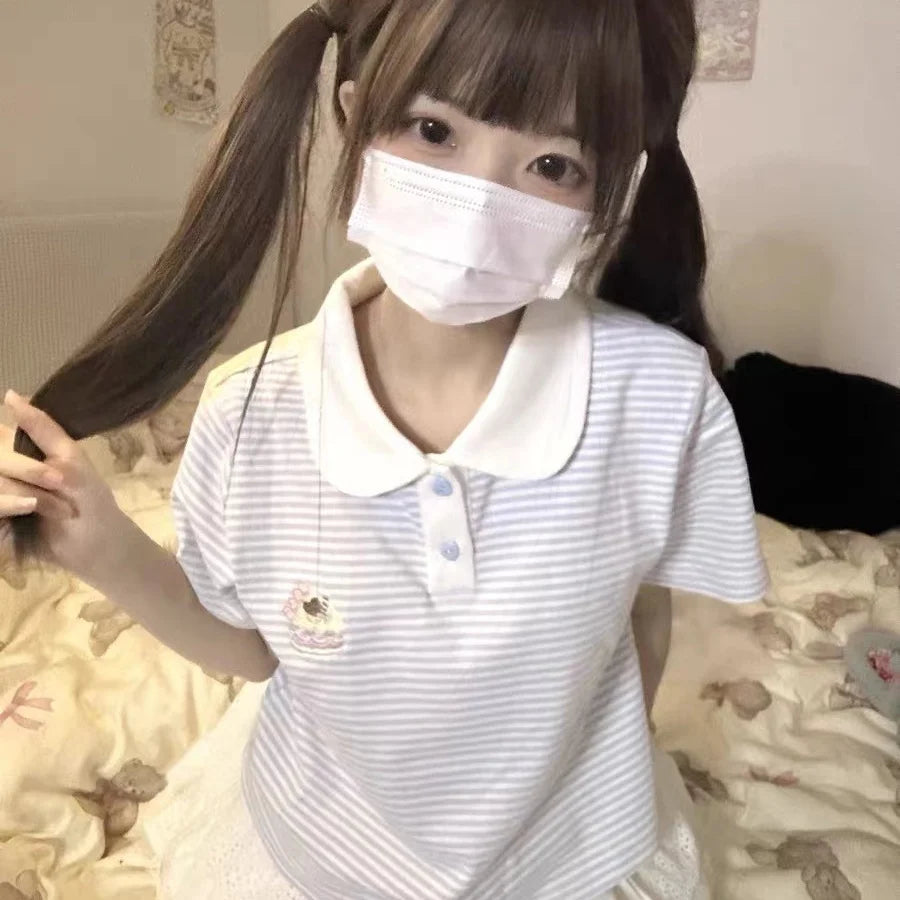 2024 Ropa Mujer Summer T Shirt Women Preppy Style Fashion Striped Tees Y2k Tops Turndown Collar Short Sleeve Casual T-shirts