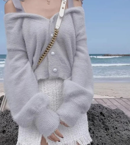 Japanese Sweet Knitted Simple Cardigans 2025 Bandage Women Crop Tops Y2k Aesthetic Streetwear Sweaters Single Breasted Vintage