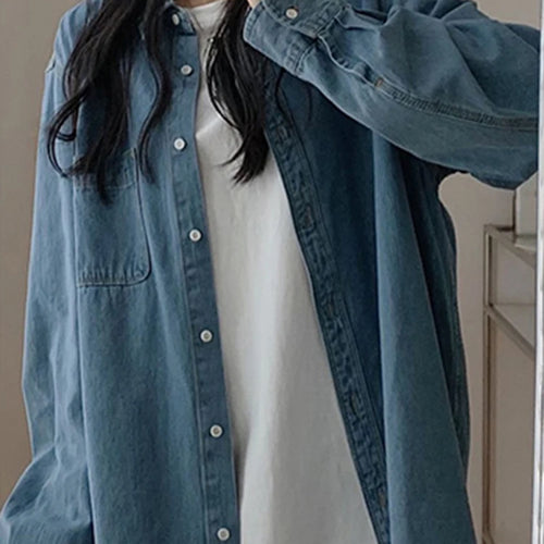 Load image into Gallery viewer, Blue Polo Denim Women Shirt Solid Color Chic Streetwear Single Breasted French Style Straight Loose Pockets Female Shirts
