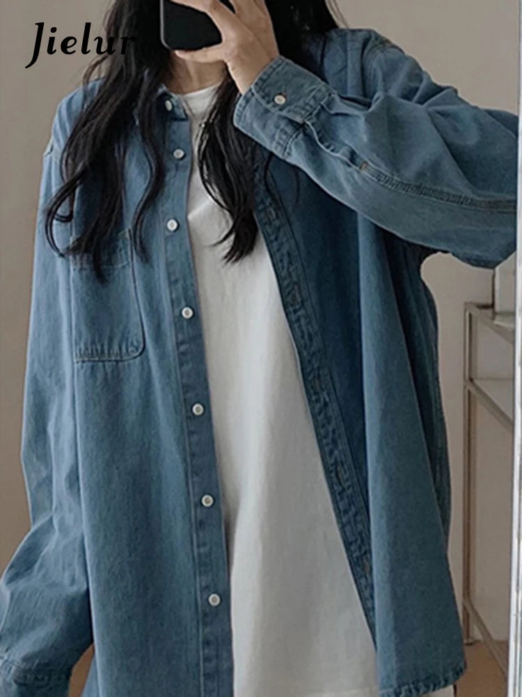 Blue Polo Denim Women Shirt Solid Color Chic Streetwear Single Breasted French Style Straight Loose Pockets Female Shirts