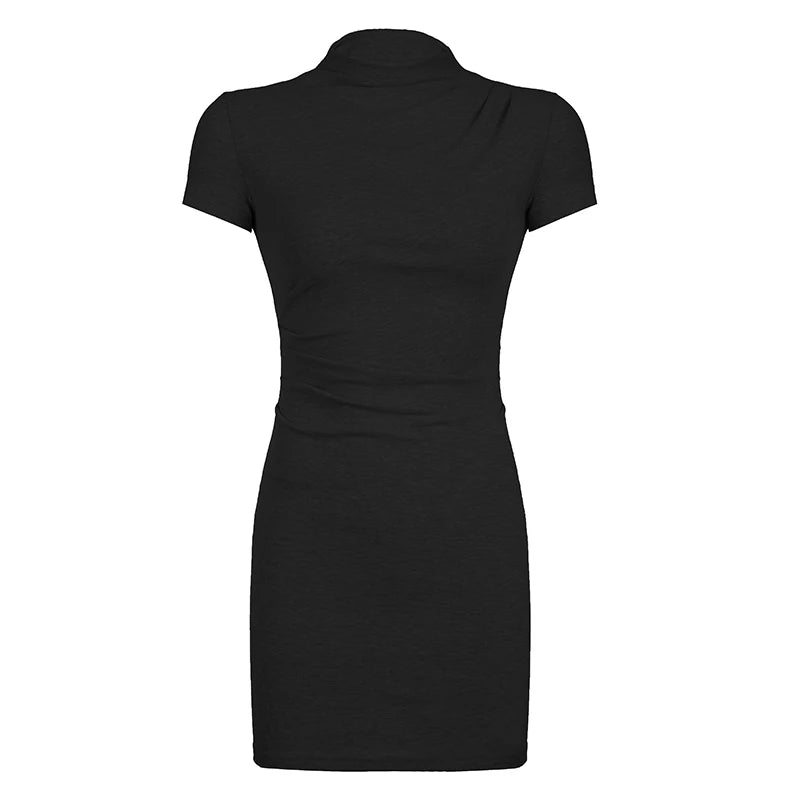 Casual Stand Collar Folds Bodycon Summer Dress Female Draped Korean Fashion Mini Dresses Slim Basic Skinny Sundress