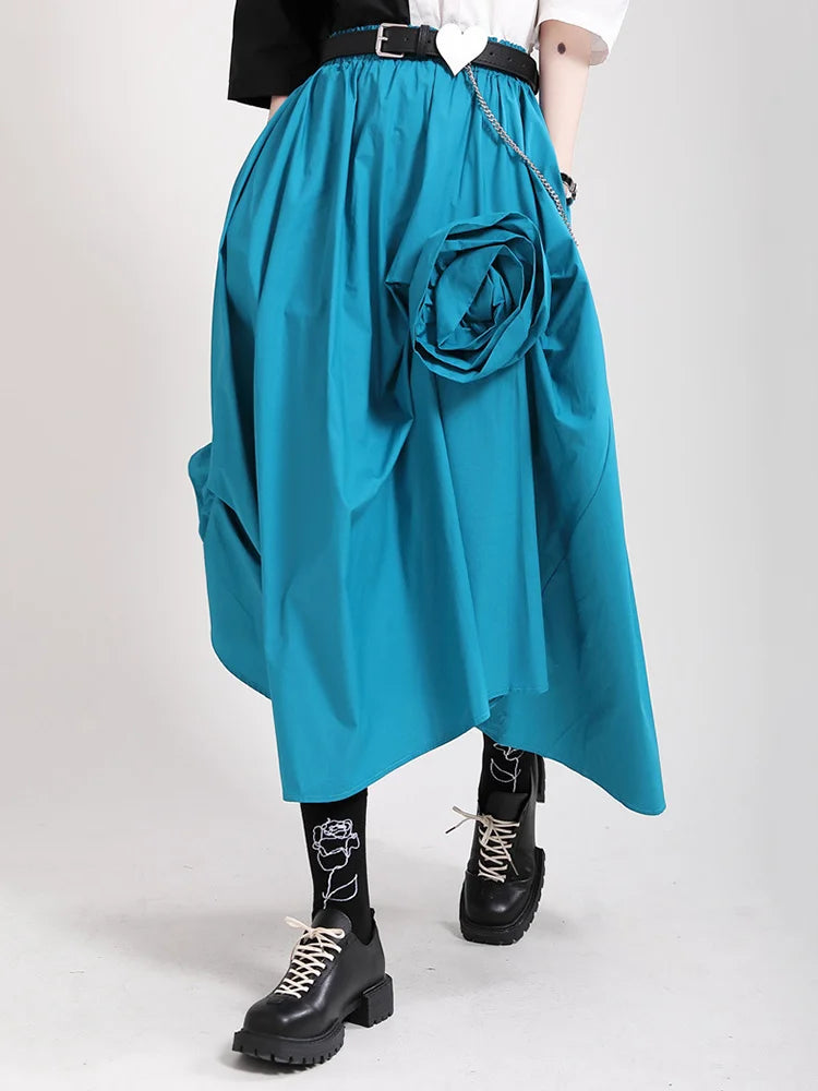 High Elastic Waist Blue Three Dimensional Flower Pleated Half-body Skirt Women Fashion New Spring Autumn 2025 1DF5749