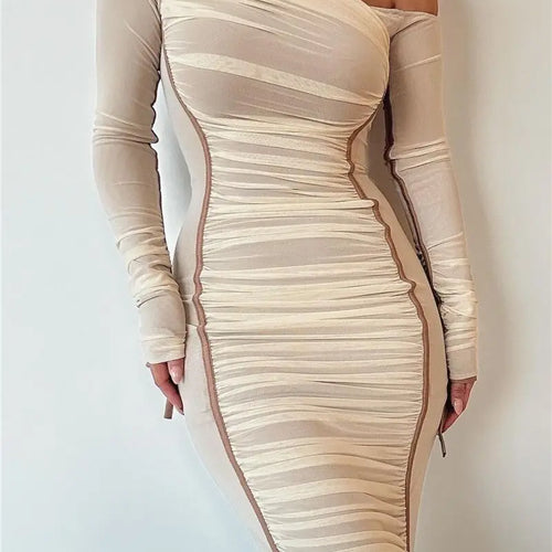 Load image into Gallery viewer, Diagonal Collar Long Sleeve Midi Dress For Women Two Layer Mesh Backless Ruched Bodycon Club Party Sexy Long Dress
