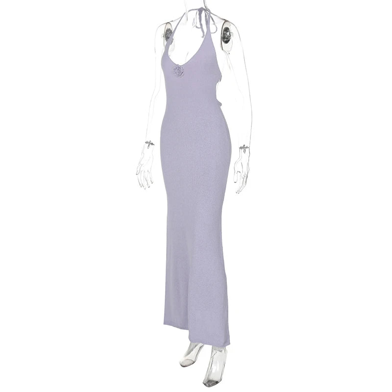 Halter V Neck Floral Sexy Maxi Dress For Women Elegant Spaghetti Strap Sleeveless Backless Bodycon Long Knit Dress