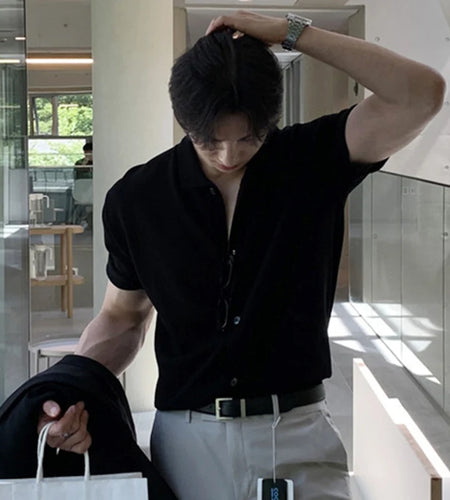 Men's T-shirts Solid Color Turn-down Collar Short Sleeved Single Breasted New Korean Summer Casual Male T-shirt 9W1361