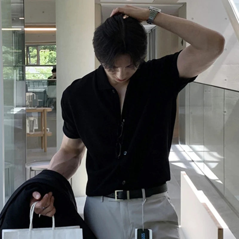 Men's T-shirts Solid Color Turn-down Collar Short Sleeved Single Breasted New Korean Summer Casual Male T-shirt 9W1361