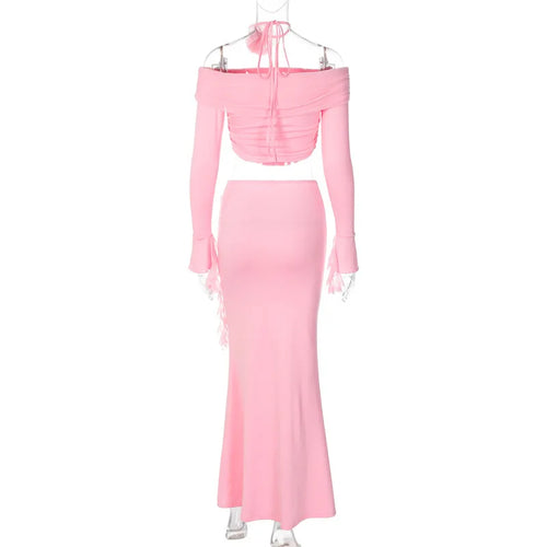 Load image into Gallery viewer, Elegant Halter 3D Flower Two Piece Sets Women Fashion Off-shoulder Tops And Maxi Skirt Matching Sets Bodycon Sexy Dress
