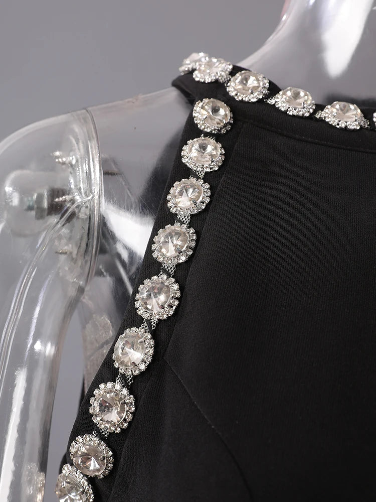 Women Black Rhinestones Spliced Elegant Slim Vest Dress New Round Neck Sleeveless Fashion Tide Spring Summer 2025 CPG2981