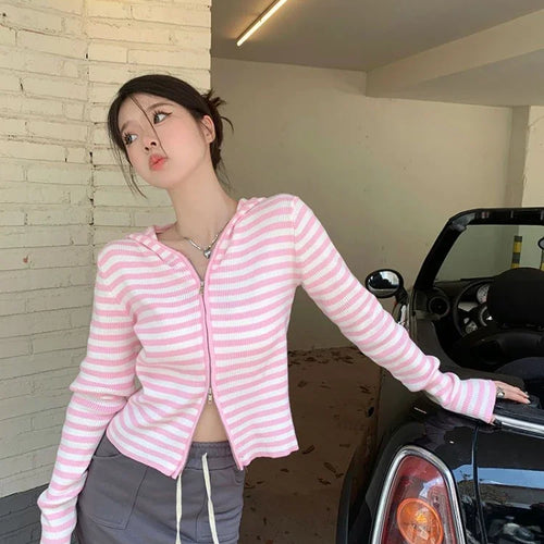 Load image into Gallery viewer, 2025 Pink Striped Vintage Y2k Aesthetic Women Cardigan Japanese Knitted Sweater Crop Coat Female Hooded Double Zipper Kardigany
