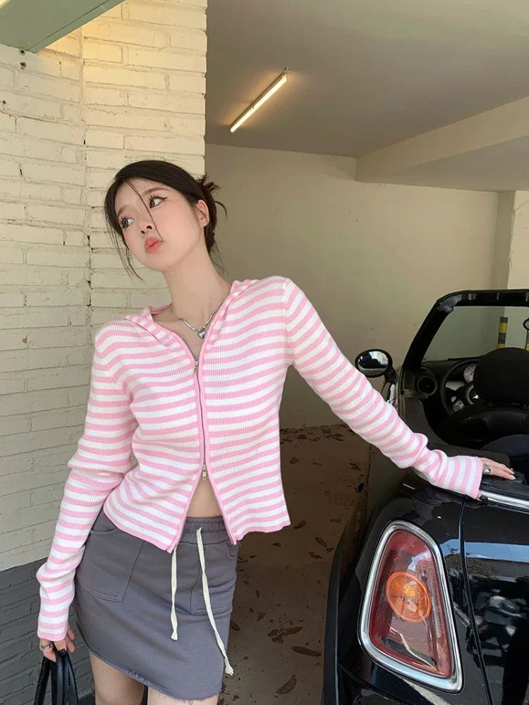2025 Pink Striped Vintage Y2k Aesthetic Women Cardigan Japanese Knitted Sweater Crop Coat Female Hooded Double Zipper Kardigany