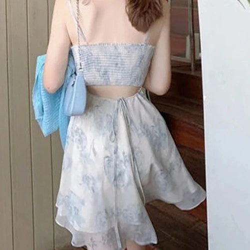 Load image into Gallery viewer, Women Elegant Retro Korean Open Back Chiffon Mini Dress Women&#39;s High Waist Sleeveless Sweet Dresses for Summer Fashion Party
