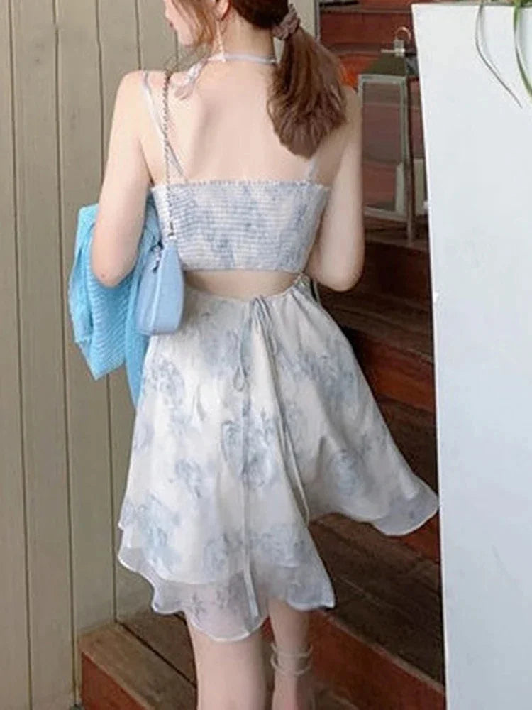 Women Elegant Retro Korean Open Back Chiffon Mini Dress Women's High Waist Sleeveless Sweet Dresses for Summer Fashion Party