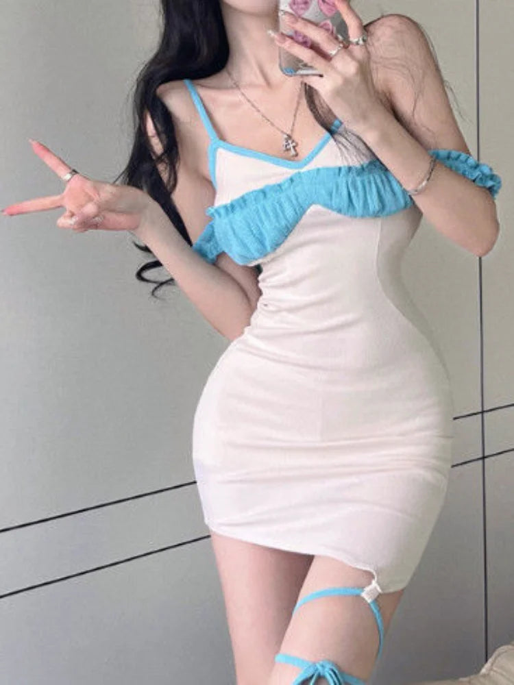 Y2k Sexy Bandage Slip Mini Dress Bodycon Wrap Summer Sundress Korean Fashion Kpop Spaghetti Strap Short Dresses Party