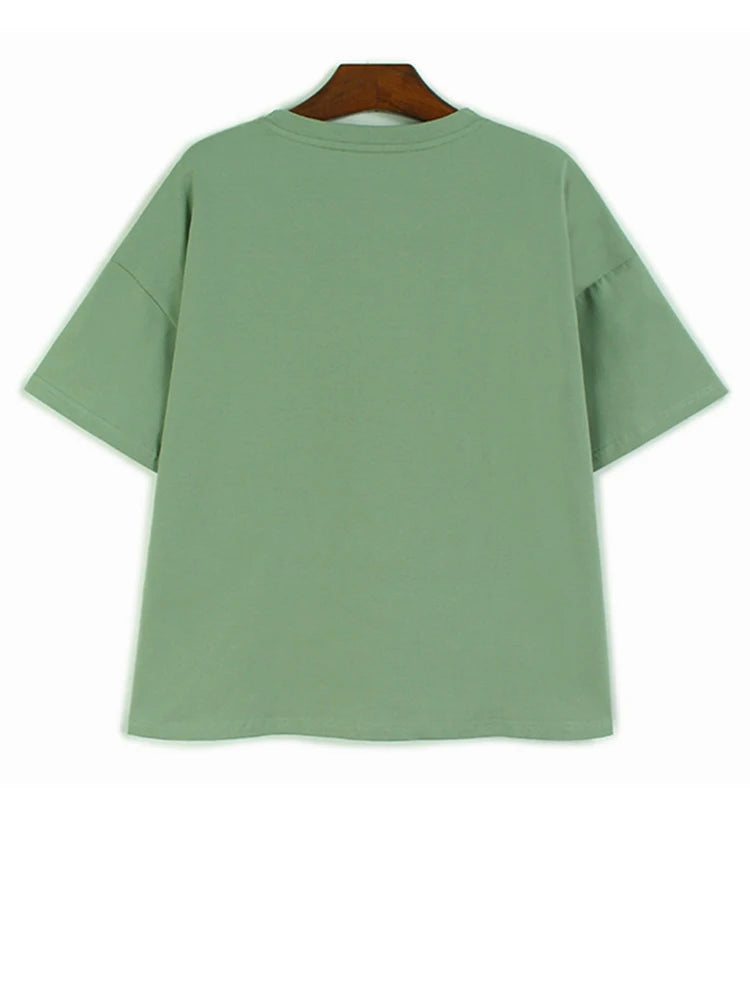 Women Green Pleated Irregular Spliced Big Size T-shirt New Round Neck Short Sleeve Fashion Tide Spring Summer 2025 1DJ1120