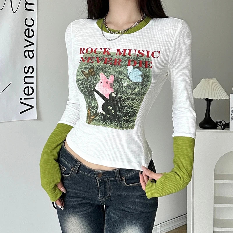 Korean Style Graphic Tee Shirt Women Print Patched Skinny Cropped Top Harajuku Cutecore Spring Tshirt Contrast Color