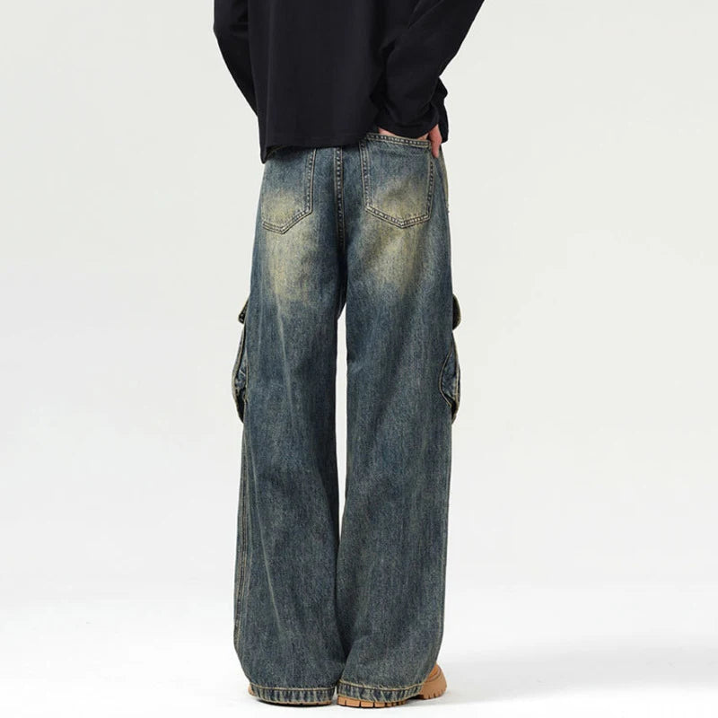 Men's Jeans New American Loose Washed Distressed Design Irregular Pockets Male Trousers Straight Leg Trendy Summer 9W1560