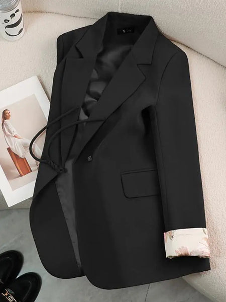 Women Chinese Style Black Beige Single Button Offie Blazers Coat Autumn Winter Vintage Brown Patchwork Professional Tops Popular