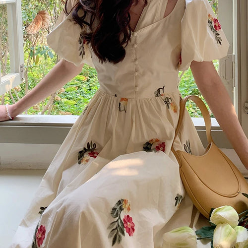 Load image into Gallery viewer, High Street Embroidery Fake Two-piece Women Dress Korean Style Apricot Puff Sleeve Summer Elegant Sweet Female Dresses
